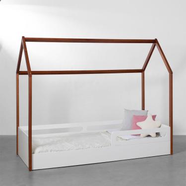Imagem de Cama Montessoriana Tivoli com Casinha e Grades de proteção com Cama Auxiliar - Branco e Mel