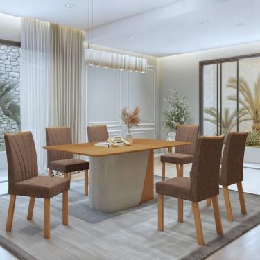 Imagem de Conjunto Sala de Jantar Luar 170Cm Tampo No Glass com 6 Cadeiras Apogeu Amêndoa Clean/Off White/Amendoa Clean/Couro Morano