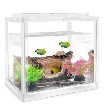 Imagem de PINVNBY Kit de aquário pequeno empilhável Mini Betta, aquário pequeno de 1 litro com 2 peças de plantas artificiais e decoração caverna para peixes pequenos, camarão, caranguejo e caracóis