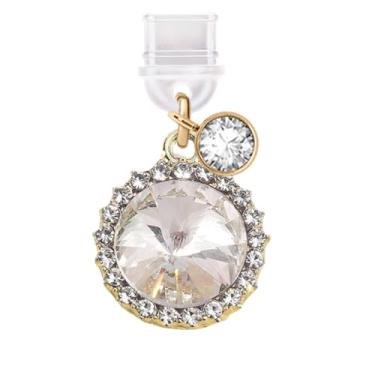 Imagem de ELISE & FONDA TP587 Tipo-C porta de carregamento antipoeira pequeno pingente de celular de cristal redondo para iPhone 15/16/Samsung/OnePlus/Xiaomi/oppo telefones Android (branco), approx.1.7 cm (L) x