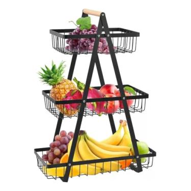 Imagem de Fruteira De Mesa Aramada 3 Andares Cesto Organizador De Frutas e Legumes Com Alça De Madeira Multiuso em Metal Para Cozinha