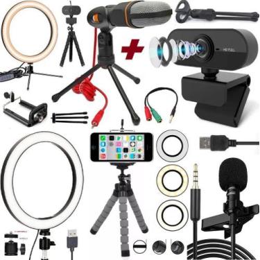 Imagem de Kit Webcam Luz Iluminador Ring Light Led Microfone Profissional Gravaç