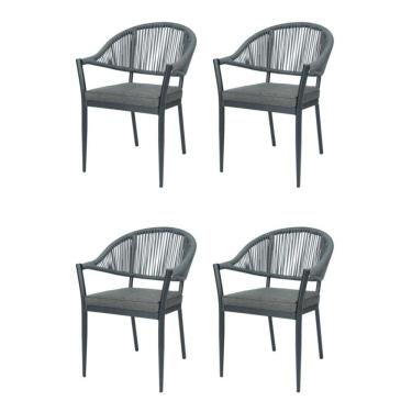 Imagem de Kit 4 Cadeiras Empilhável Amalfi Caraíva Fratini Alumínio Encosto Trama Corda Náutica Almofada Grafite