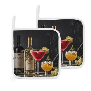 Imagem de Porta-panelas quadradas, copos de coquetel e garrafas de vinho, almofadas quentes estampadas para cozinha e mesa de jantar, suporte de panela com isolamento térmico, 2 peças
