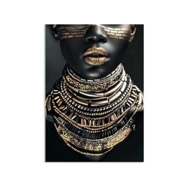 Imagem de SDYJ6GSW Pinturas de arte de parede em tela de mulher africana dourada moderna preta e impressões para sala de estar decoração de casa Cuadros 85 x 60 cm (33 x 24 pol) pôster