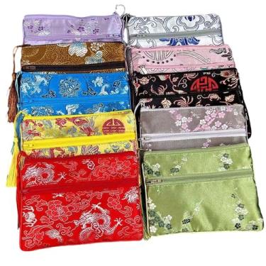 Imagem de Only My Live Home Bolsa de joias de cetim de seda de 2 camadas com zíper, bolsa de armazenamento de colar, bolsa de brocado de bordado chinês, sacos grandes para embalagem de joias, borla (10, padrão