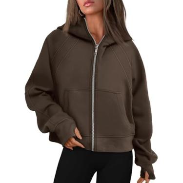 Imagem de Moletons Cortados Com Zíper Feminino Moletom Com Zíper Completo Pulôver Roupas De Inverno Com Bolso, Coffee, L