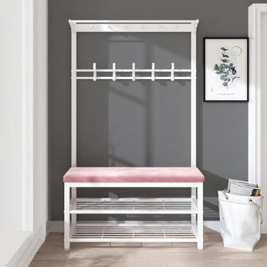 Imagem de Cabideiro Com Armazenamento De Sapatos - Hall Tree Entrada Industrial Com Banco, Cabideiro Independente Com Ganchos Para Entrada De Apartamento Pequeno, Pink, 100CM