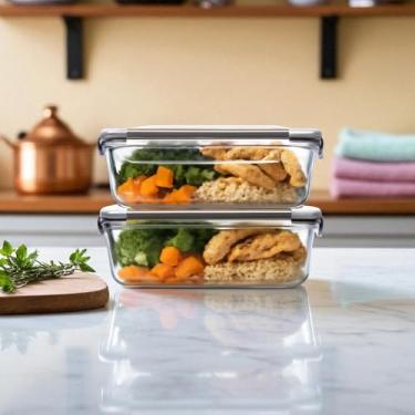 Imagem de KIT 2 Potes Vidros Retangulares Herméticos Marmitas Mantimentos 4 Travas 1040 ML