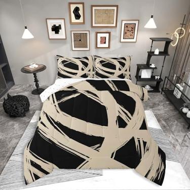 Imagem de Conjunto de cama listrado bege e preto, para adultos, jovens, adolescentes, contemporâneo, boêmio, arte moderna, colcha com linhas de graffiti, enchimento geométrico geométrico para minimalistas