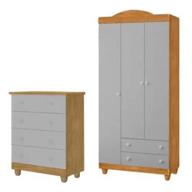 Imagem de Cômoda E Roupeiro Guarda Roupa Lara Para Quarto Infantil Ou Juvenil Cinza Detalhes Em Nature Fabricação Nacional Mobilia Completa MDF