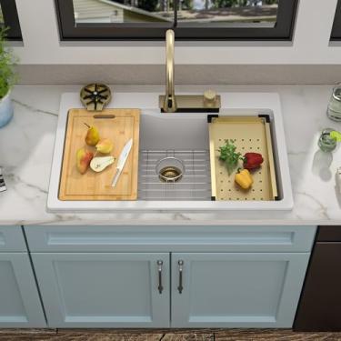 Imagem de Fulorni Estação de trabalho para pia de cozinha em cascata de 84 cm x 56 cm - quartzo composto de granito branco clássico Drop In Topmount tigela única multifuncional inteligente pia cachoeira com