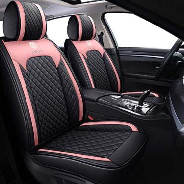 Imagem de Aierxuan Capas de assento de carro para meninas e mulheres e senhoras almofada de assento impermeável ajuste universal para caminhões de automóveis SUV (conjunto completo, preto-rosa)