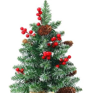 Imagem de Árvore de Natal de mesa com luzes, árvore de Natal artificial de mesa pequena pré-iluminada de 50 cm com base de serapilheira, poinsétia, enfeites de pinha de frutas vermelhas, decoração de mesa DIY