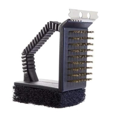 Imagem de Escova de Limpeza 3 em 1 para Churrasqueira, Cerdas de Aço, com Esponja e Raspador, 12 x 8 x 7 cm