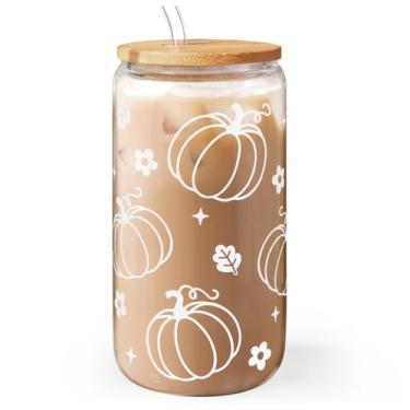 Imagem de Copo de vidro de abóbora de 473 ml com tampa de acrílico e canudo, xícara de café gelado para mulheres e meninas, presentes de copos estéticos de outono