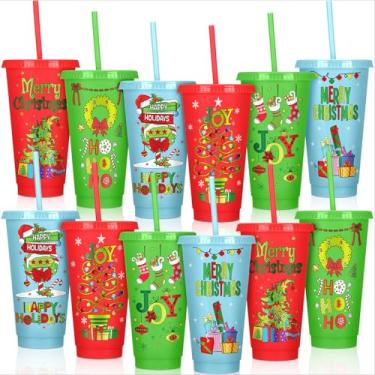 Imagem de Vesici Pacote com 12 copos de plástico de Natal com tampas e canudos a granel 680 g Copos de café de plástico reutilizáveis, bebidas quentes e frias, festa de Natal, copo de bebida, leite, cerveja