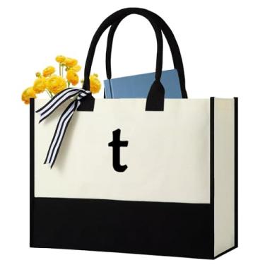 Imagem de Sacolas personalizadas com inicial de lona, monograma bordado com alça de couro, presente adequado para mãe, casamento, praia, Preto e branco