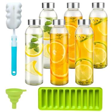 Imagem de HiliyKiliy 6 pacotes de garrafas de suco de vidro transparente de 18 onças com tampas, garrafas de água de vidro reutilizáveis com tampa de aço inoxidável para sucos, geladeira, 100% à prova de
