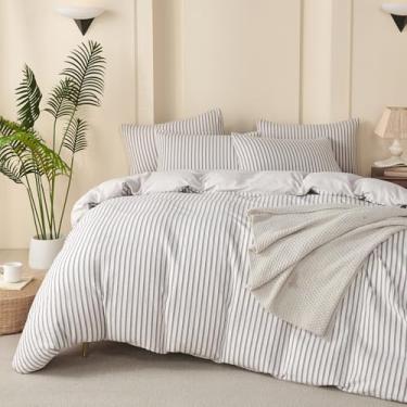 Imagem de Conjunto de edredom Queen cinza luxuoso - 3 peças de microfibra lavada, estampa de listras verticais, branco e cinza, com 2 fronhas, macio, respirável, durável, confortável