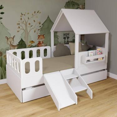 Imagem de Bicama Casinha Com Telhado Mdf Kit Escada E Grades Anatômica Branco Mobilistore