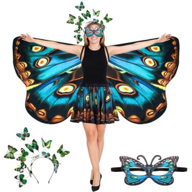 Imagem de Rngmsi Fantasia de xaile de asas de borboleta – estampa dupla face verde malaquita capa de asa de borboleta com faixa de cabeça conjunto de saia para mulheres, acessório para fotos de cosplay diário
