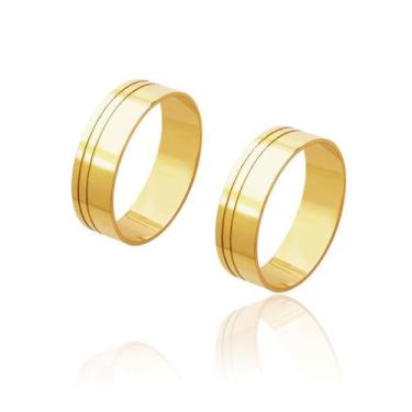Imagem de Par de Alianças de Casamento Cronos Ouro 18k Reta Frisos Laterais 6mm 
