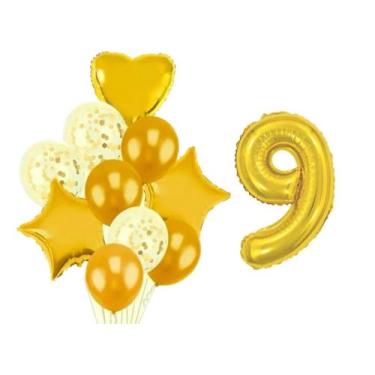 Imagem de Buque 10 Balões Coração Estrela -1 Número Metalizado Dourado - Partiuf