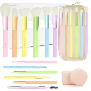 Imagem de VIVID BEAUTY Conjunto de pincéis de maquiagem coloridos com bolsa de maquiagem e aplicadores de esponja para base líquida - Ferramentas profissionais de cosméticos para blush, pincéis para