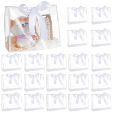 Imagem de ORIGACH 20 sacos de presente grandes de PVC transparente com alças reutilizáveis sacos de lembrancinha de festa de flores com fita para casamentos, chá de bebê, formatura e compras, 30 x 25 x 12 cm