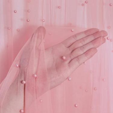Imagem de Miegecha Tule perolado de tule extra largo de 3 m com pérolas, 152 x 300 cm, tecido transparente macio em várias cores para arco de casamento, festa, chá de bebê, aniversário, véu, vestido e decoração