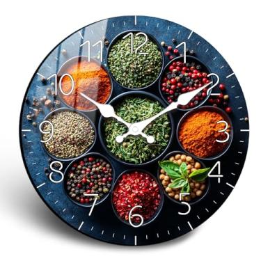 Imagem de JENGRYOE Relógio de parede de cozinha com especiarias de 25 cm - Relógios de parede analógicos decorativos com design de ervas e especiarias, relógio de parede silencioso rústico sem tique-taque