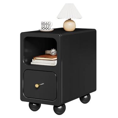 Imagem de Mesa de cabeceira de madeira maciça, mesa de cabeceira estreita com gavetas, mesa de cabeceira moderna preta de meados do século, pequena mesa ao lado com prateleira de armazenamento aberta para