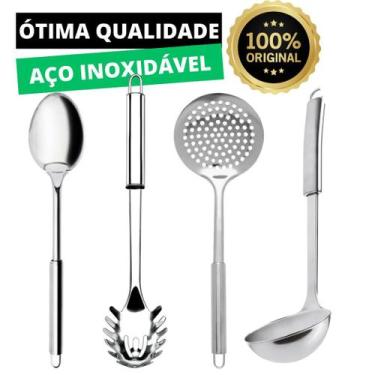 Imagem de Conjunto 4 Peças 100% Aço Inox Com Concha Colher Arroz Escumadeira e P