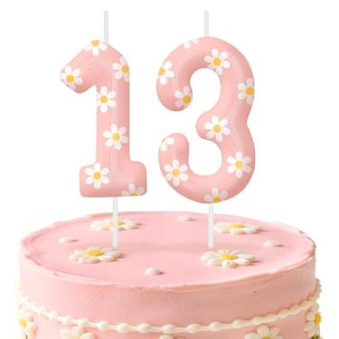 Imagem de Velas de aniversário rosa número 13, enfeite de bolo com tema de margarida para meninos e meninas, decorações de aniversário, suprimentos de festa, velas numéricas para decoração de festa