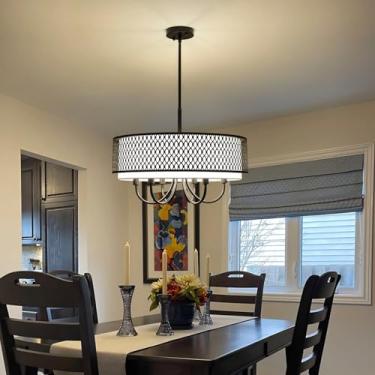 Imagem de Lustre de tambor com persianas 6 luzes lustres pretos grandes de 55 cm para sala de jantar luminárias pendentes redondas lustres modernos para cozinha ilha quarto sala de estar hall de entrada