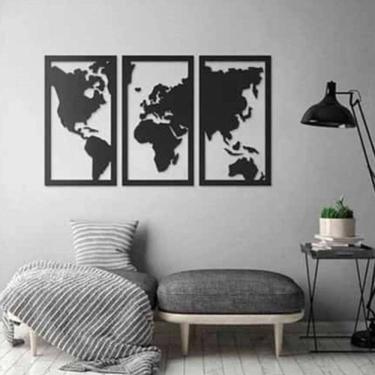 Imagem de Quadro Decoração Vazado Mapa Mundi Mdf 6Mm Preto 100X60 Cm