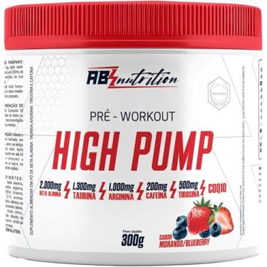 Imagem de Absolut Nutrition, Pré-treino complementado com Beta Alanina, Taurina, Arginina, Cafeína, Tirosina e Coenzima Q 10, Sabor morango com blurberry, High Pump, 300 gramas