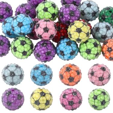Imagem de SUNNYCLUE 30 peças de contas de bola de futebol contas de strass contas de bola de strass resina colorida aleatória 3D plástico redondo focal pequeno esporte espaçadores soltos para fabricação de