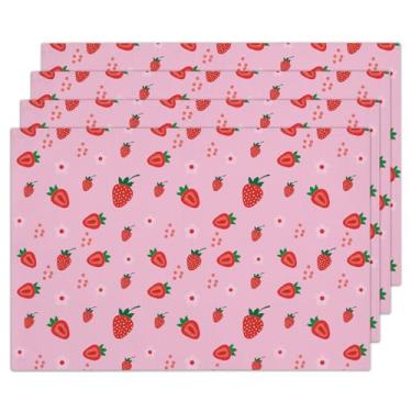 Imagem de Conjunto de 4 jogos americanos de morango, tapetes de mesa de cozinha laváveis resistentes ao calor, 30 x 45 cm para casa, restaurante, fazenda, decoração de mesa de festa interna e externa -A09