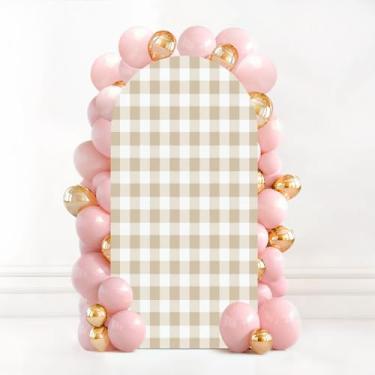 Imagem de Capa de fundo de arco de casamento de 1,8 m, bege, guingão, sem costura, pastel, xadrez, bege, branco, para elastano com suporte redondo para decoração de festa de aniversário, chá de bebê, banquete