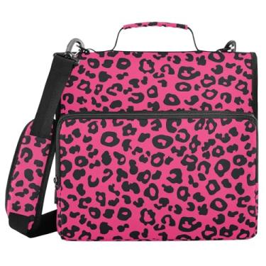 Imagem de Pasta com zíper com 3 anéis, estampa de leopardo, rosa e alça de ombro, vários bolsos, impermeável, grande capacidade, organizador de fichários para escola, material de escritório