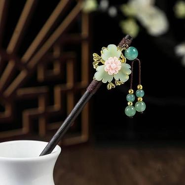 Imagem de Gancho de cabelo de madeira estilo chinês flor enrolamento grampo de cabelo com borla clássico elegante senhora grampo de cabelo acessórios de cabelo