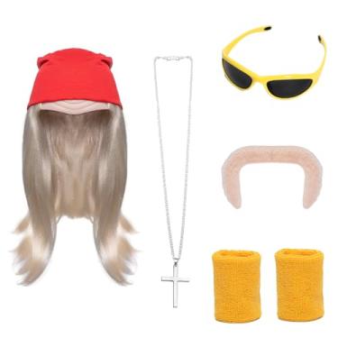 Imagem de FVCENT Conjunto de fantasia de luta livre, peruca loira, bandana falsa, lenço de cabeça, chapéu, prata, cruz, colar, pulseira, Halloween, cosplay