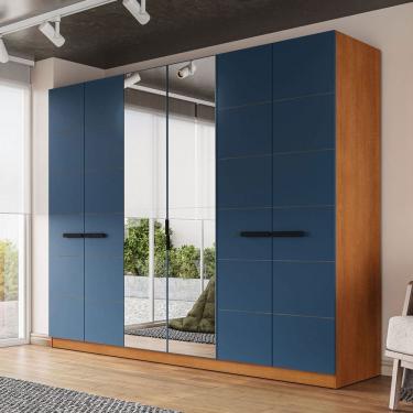 Imagem de Guarda-Roupa Casal Lisboa 6 Portas 4 Gavetas com Espelho Freijó/Azul - Politorno