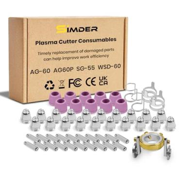 Imagem de SSimder AG60P cortador de plasma consumíveis 55 peças kit de bicos de ponta de tocha de corte com espaçador de roda guia de rolo para SG-55 AG-60 WSD-60 CUT50PRO