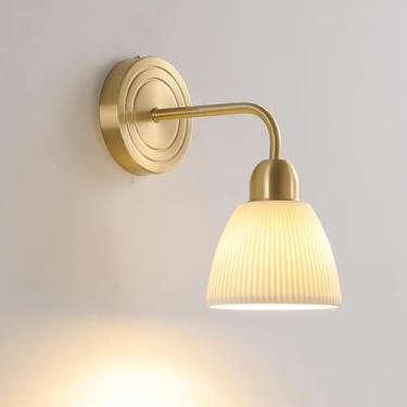 Imagem de Luminária de parede clássica de latão, luminária de parede moderna de cerâmica branca com acabamento listrado, luminária de parede de cabeceira elegante com fiação, luminária de parede de la
