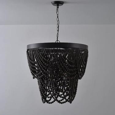 Imagem de Luminária pendente E27 com 3 luzes e 2 níveis, luminária de lustre boho com contas de madeira pretas, compatível com sala de estar, quarto, sala de jantar, cozinha, lâmpadas de lustre