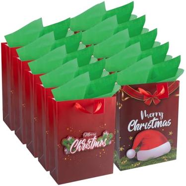 Imagem de RACHELLE'S Sacos de presente de Natal – Grande 40,6 x 30,5 x 12,7 cm (pacote com 10) – Sacos de presente de papel resistente com papel de seda, etiqueta e alça – Guirlanda de Natal e desenhos de