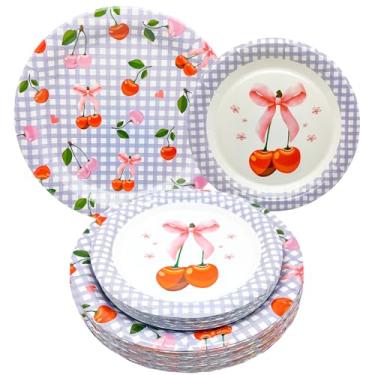 Imagem de GOGUOGOFA 50 peças de artigos de cereja 23 cm roxo guingão cereja pratos de jantar de papel cereja 18 cm laços rosa pratos de sobremesa para chá de bebê, casamento, piquenique, frutas, cereja